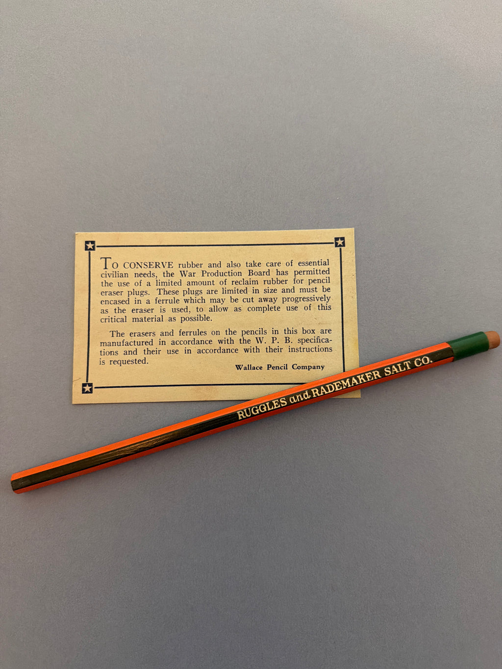 Vintage Ruggles and Rademaker Salt Co. Advertising Pencil (manufactured by Wallace Pencil Co.), c. 1942-1945